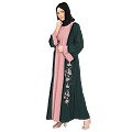 Embroidery work on layered abaya- Bottle Green-baby pink